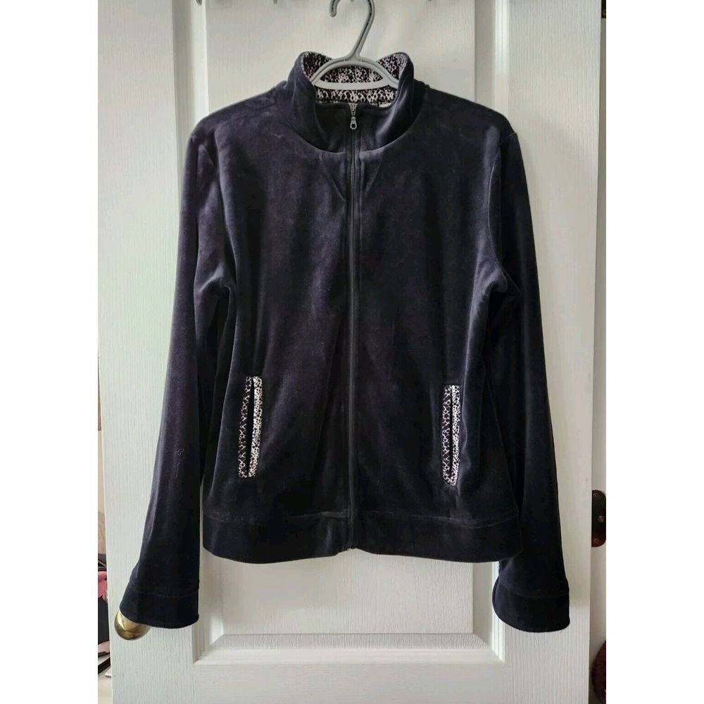 Coral Bay Women's Velour Full-Zip Sweater Long Sleeve Pockets Cotton‎ Blend Sz L